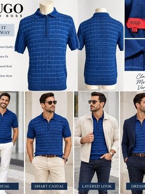 HUGO Royal Blue Grid Short-Sleeve Zip Polo